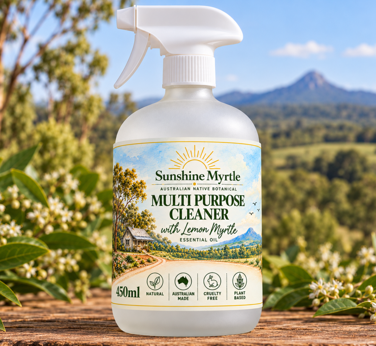 450ml clear frosted bottle with Sunshine Myrtle label with multi purpose cleaner with a blue sky. It has a white spray nozzle Sunshine for your nose.